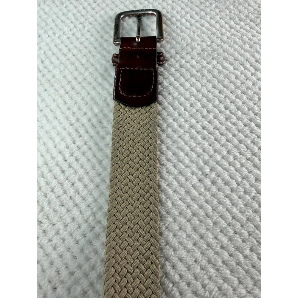 Vintage Mens Canvas Leather Stripe Belt 38 Khaki Navy Solid Brass USA